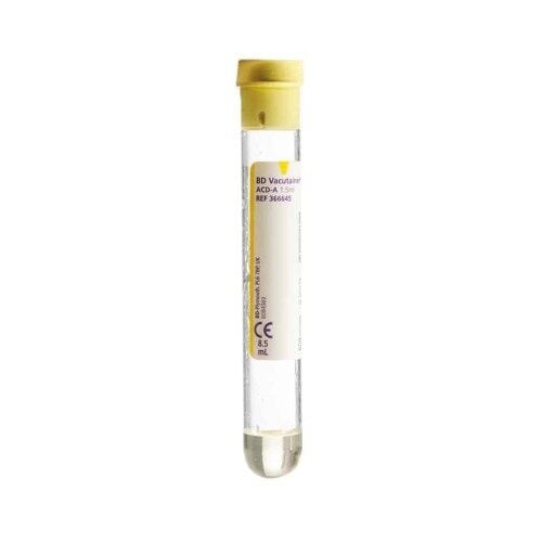 8,5ML 16×100mm, Cam, Kağıt Etiket, Geleneksel Kapaklı, Sarı, STERİL • 100 adet (1 tepsi × 100 tüp)BD Vacutainer® ACD tüpleri 8,5ml 366645 100 lük paket