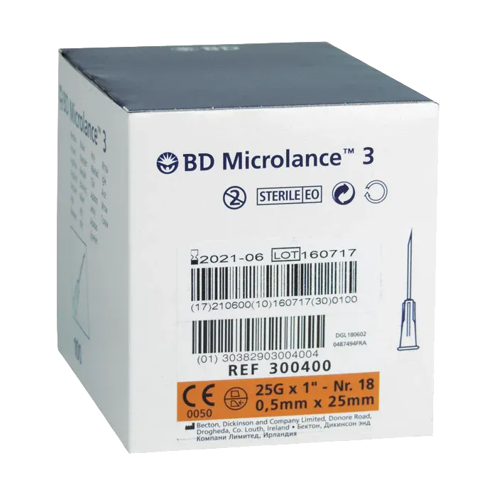300400 • BD Microlance™ 3 Hipodermik İğne, 25G×1'', 0,5mm×25mm, İnce Duvar, Normal Eğimli, Turuncu, STERİL • 100 adet